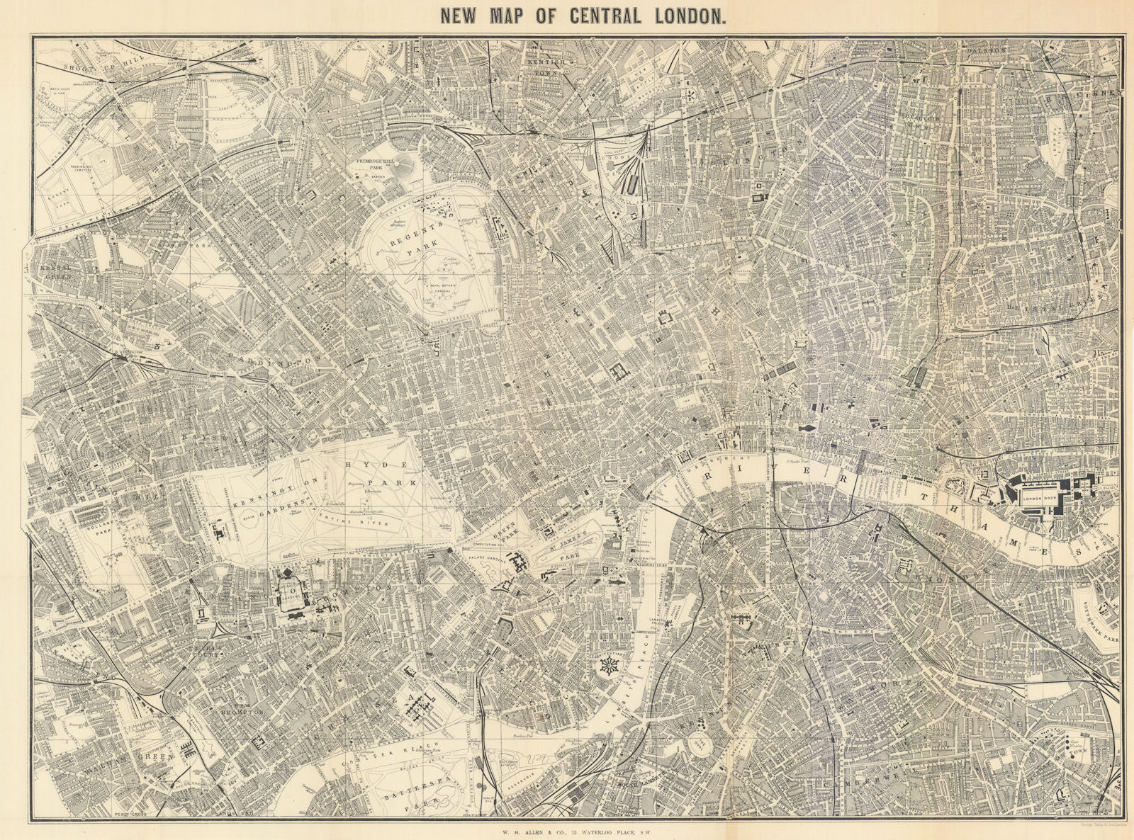 New Map of Central London by W.H. Allen & George Philip 1890 old antique